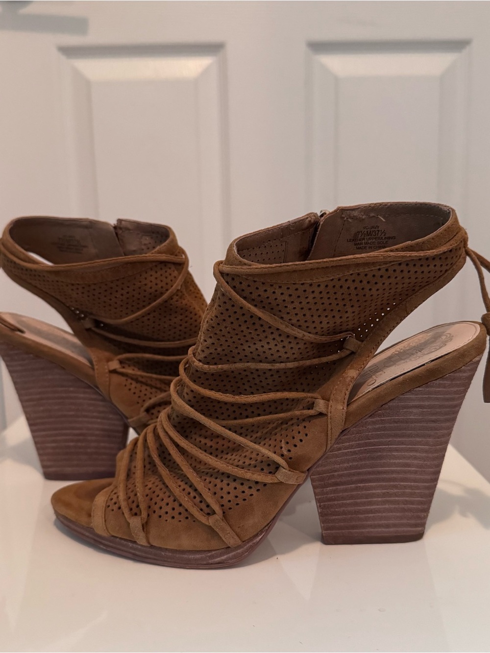 Vince Camuto Brown Suede Perforated Wrap Block Heel Sandals